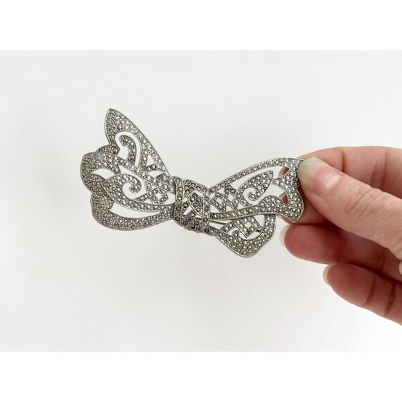 Silver Toned Marcasite Accented XL Ribboned Bow Vintage Brooch Pin - Picture 4 of 10